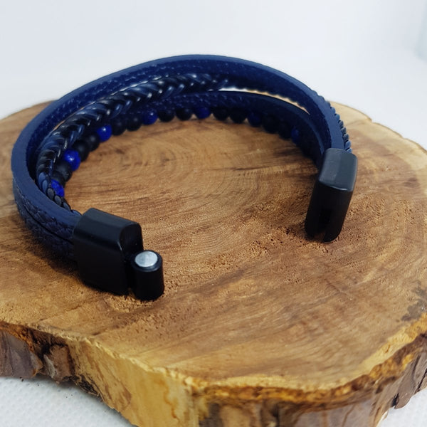 Faux Leather Bracelet with Lapis Lazuli and Onyx - MCA Design by Maria