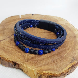 Faux Leather Bracelet with Lapis Lazuli and Onyx - MCA Design by Maria