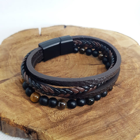Faux Leather Bracelet with Tiger Eye and Onyx - MCA Design by Maria