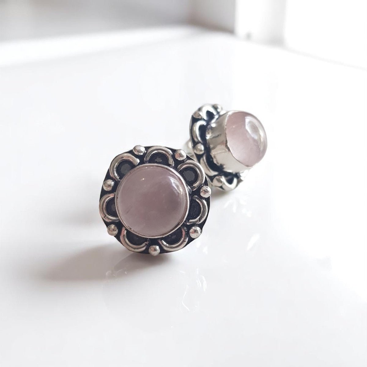 Silver Antique - Style Rose Quartz Earrings - MCA Design by Maria