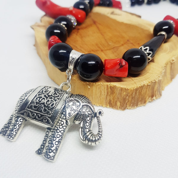 Statement Red Coral and Obsidian Necklace with Pendant - MCA Design by Maria