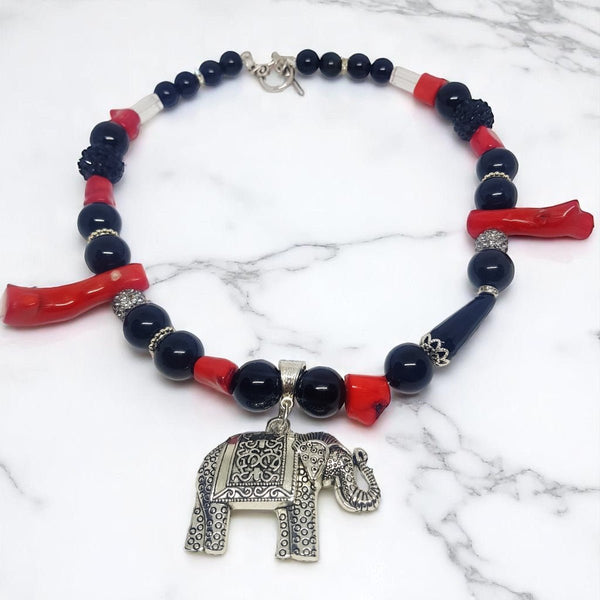 Statement Red Coral and Obsidian Necklace with Pendant - MCA Design by Maria
