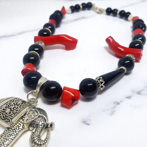 Statement Red Coral and Obsidian Necklace with Pendant - MCA Design by Maria