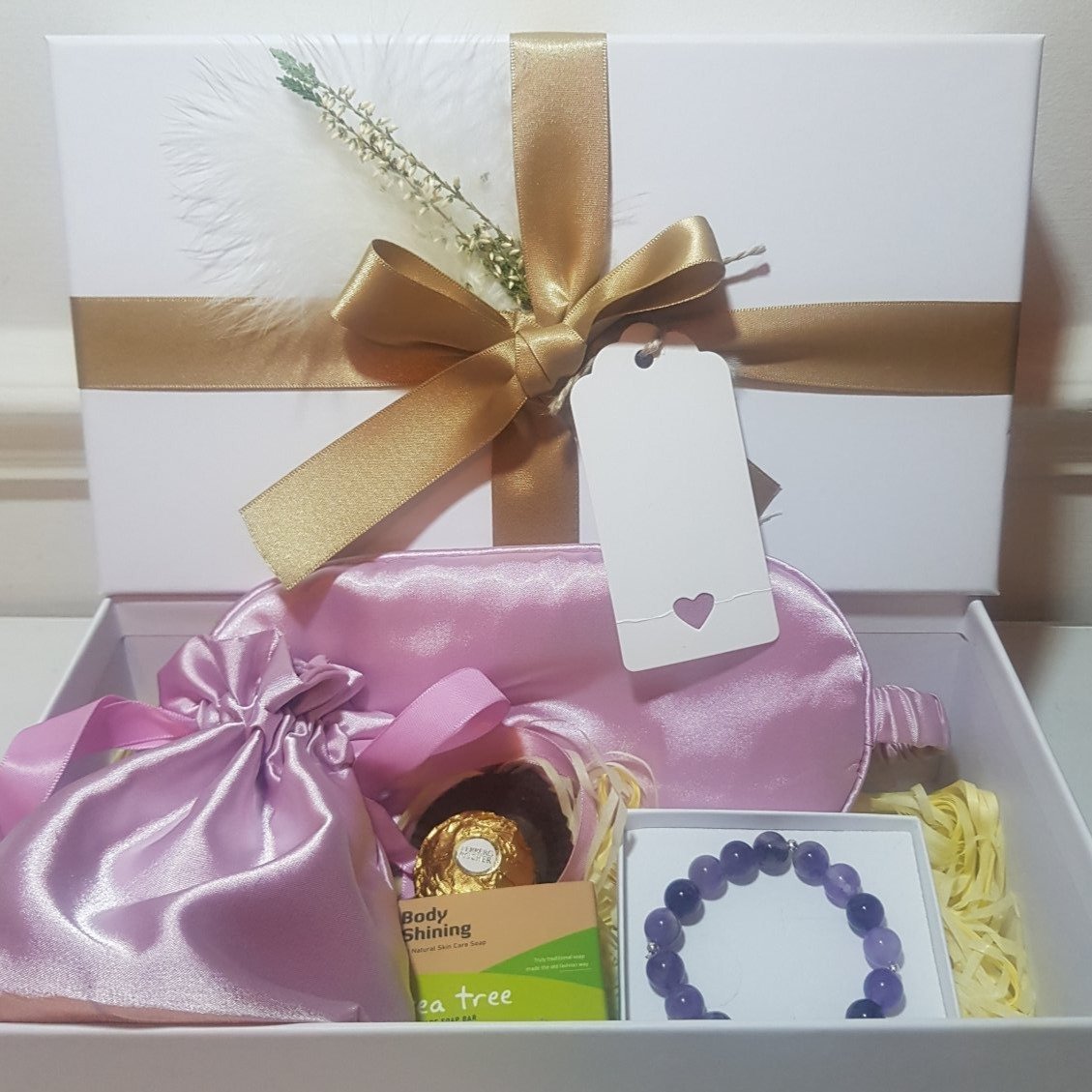 Beautiful Self-Care Gift Box with Gemstone Bracelet & Pink Coloured Accessories for her - MCA Design by Maria