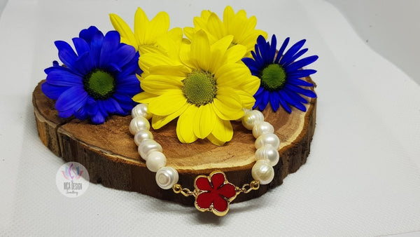 Freshwater Pearl Bracelet with Blue or Red Charm - MCA Design by Maria